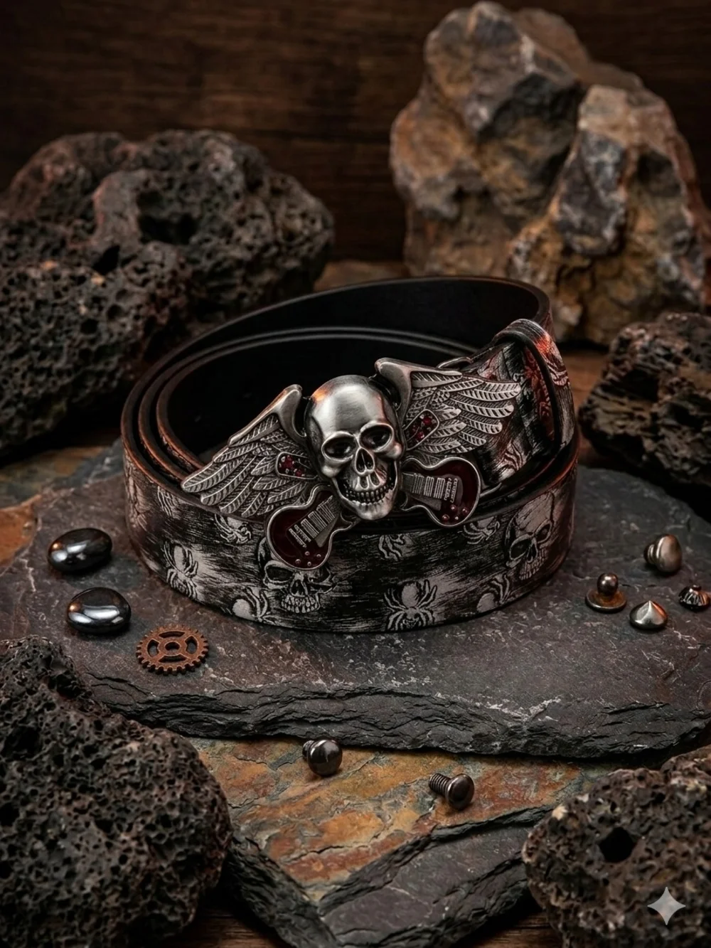 Black Leather Belt Winged Skull Buckle Adjustable 45 Inches